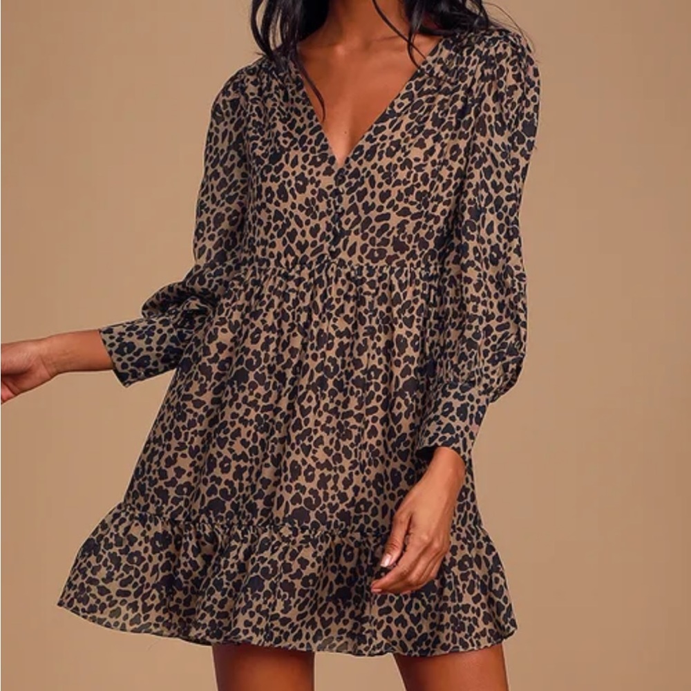 NWT - ELAN Baby Doll Mini Dress Long Sleeve Animal Print Gray Black - Sz Medium